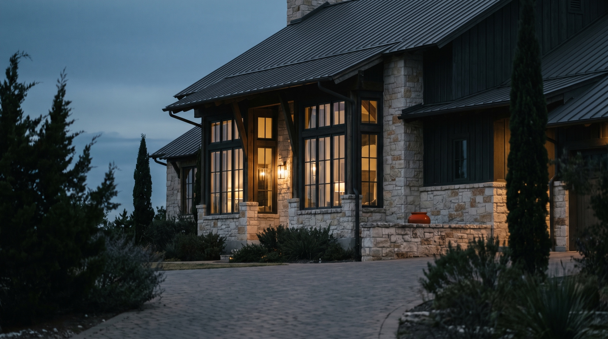Home exterior photographed at dusk