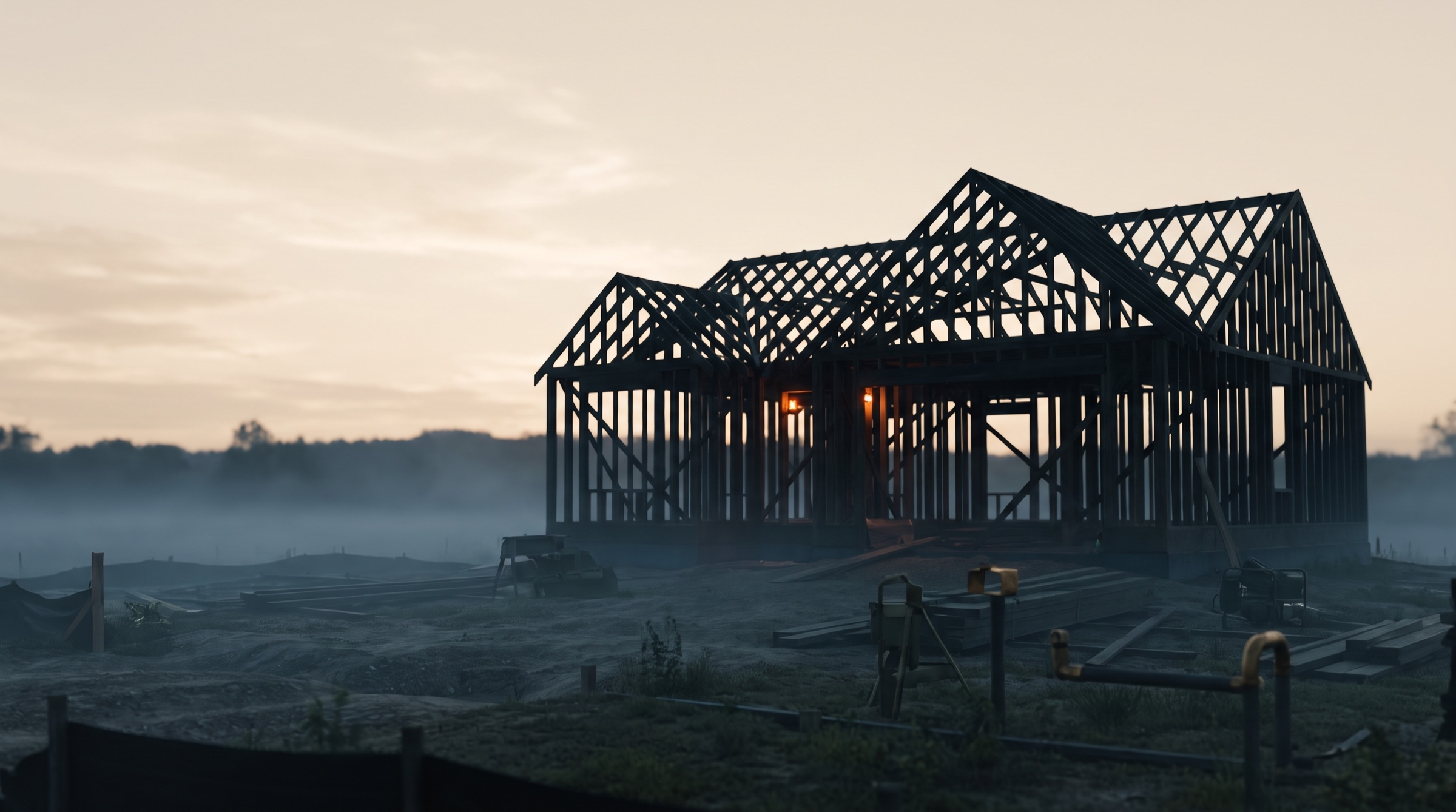New home construction framing at dawn, representing a VA one-time-close build.